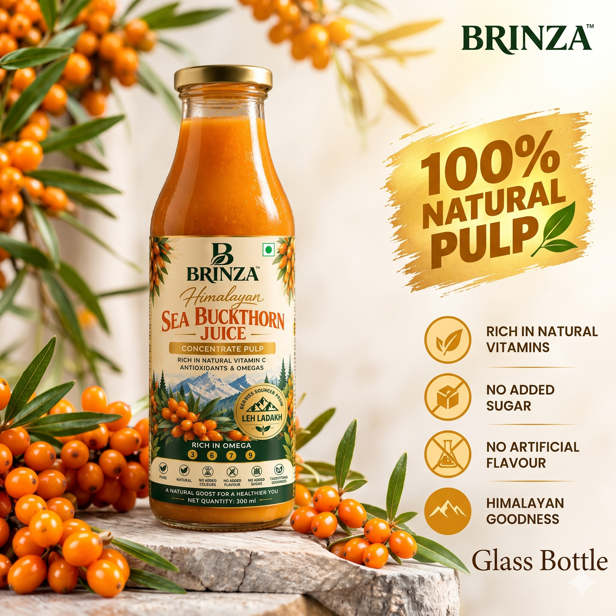 Brinza Himalayan Sea Buckthorn Juice, 300 ml glass bottle, pack of 1