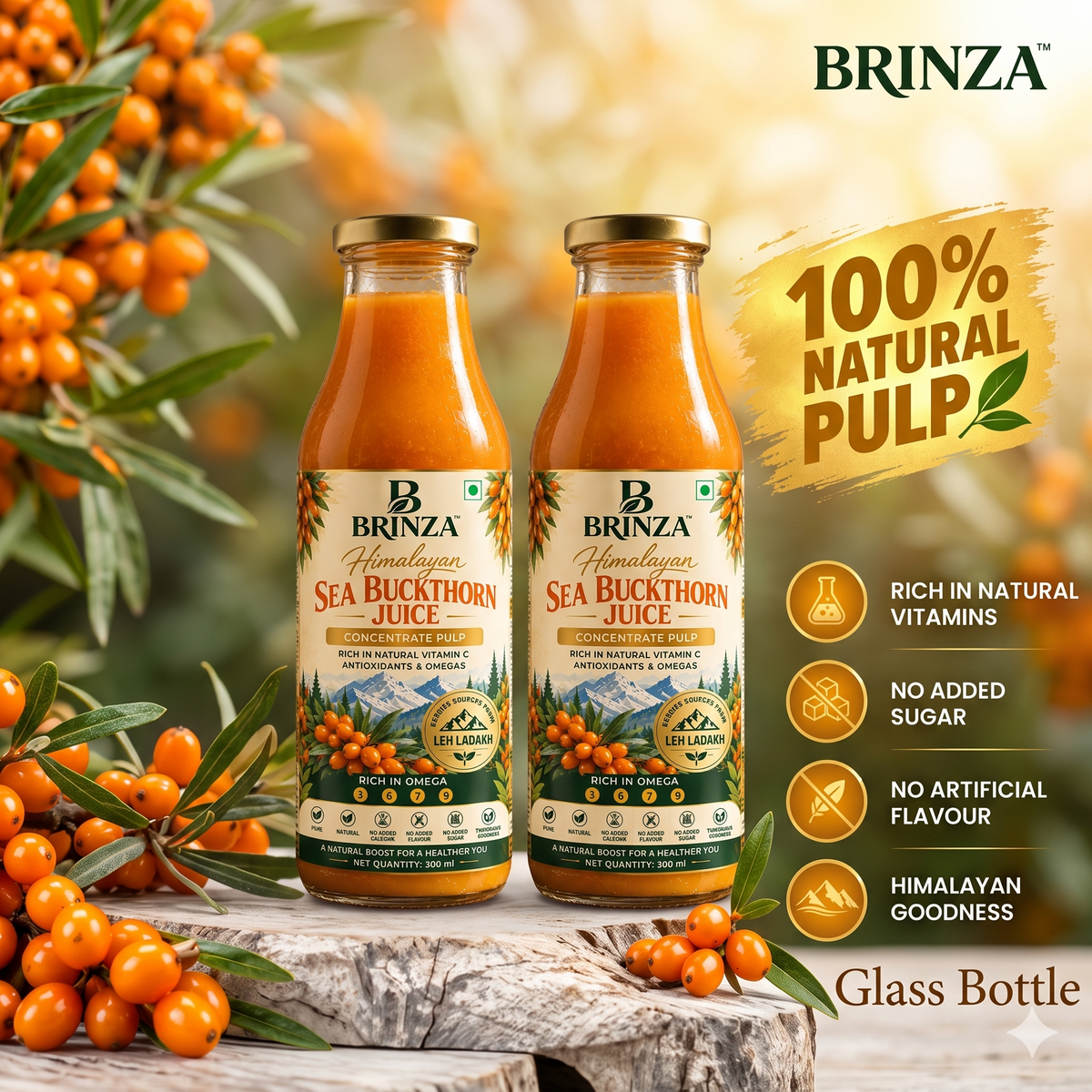 Brinza Himalayan Sea Buckthorn Juice, 300 ml glass bottle, pack of 2